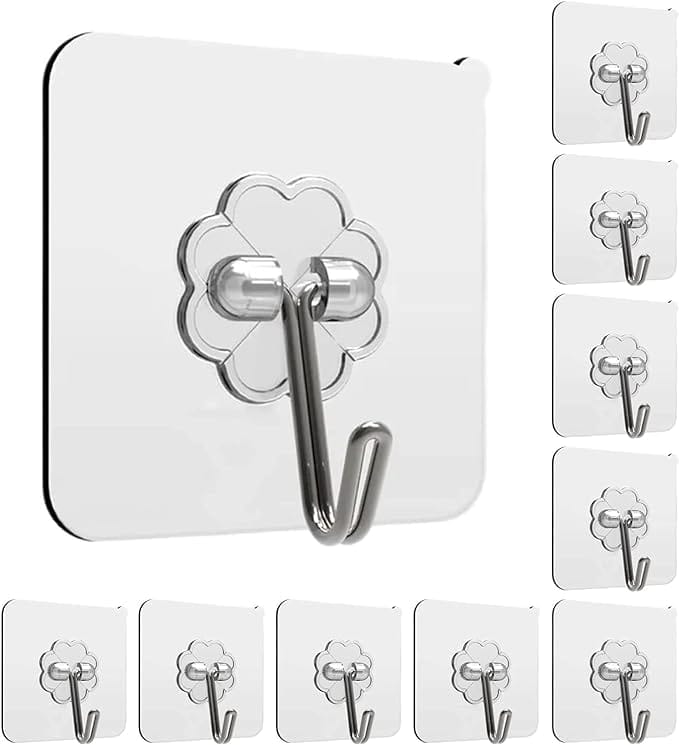 Rudra Adhesive Stronger Plastic Wall Hooks Hangers, Waterproof Stick for Kitchen Bathroom Shower Door Outdoor Home Improvement Utility Hook -10 Pcs Transparent