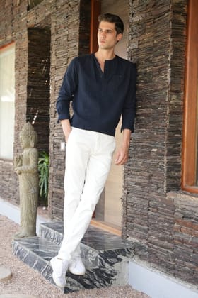 Wave - Double Layered Kurta Shirt - Navy-XL-44 / NAVY