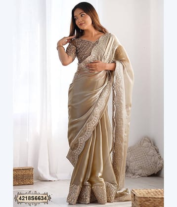 Satrani Tissue Embroidered Saree With Unstitched Blouse Piece ( Purple )