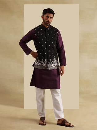 Men's Silk Blend Violet Kurta and White Pyjama With Daman Embroidered Black Nehru Jacket-36