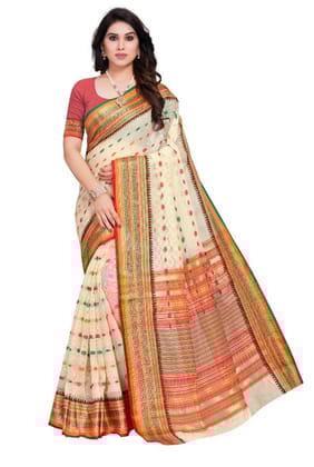Generic Women's Kota Doria Cotton Woven Butta Saree With Blouse (Cream, 5-6  Mtr)