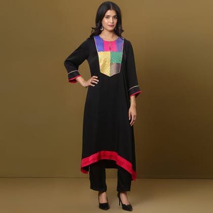 black modal silk kurta with brocade yoke detailing-XS