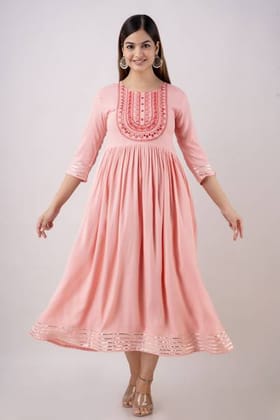 Women Embroidered Viscose Rayon A-line Kurta  (Pink)