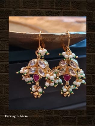 Small kundan leaf earrings with pearl drops and ruby stone