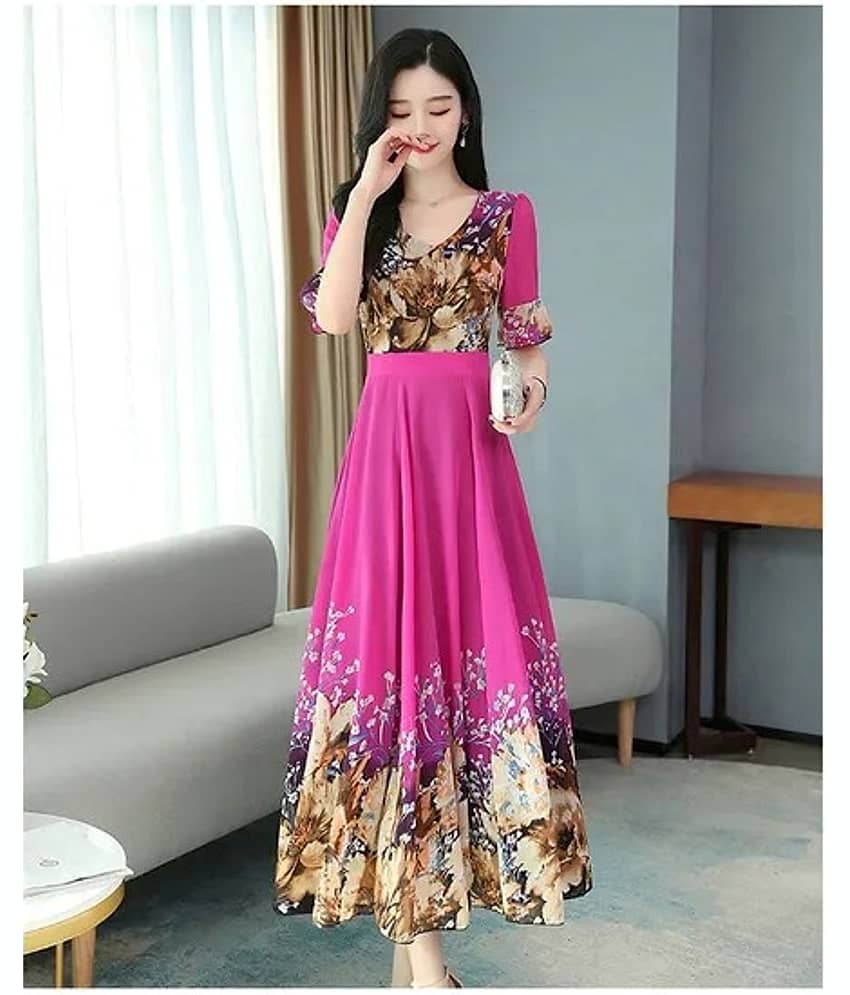 Raabta Fashion Women Georgette Printed Fit & Flare Dress ( Pink )