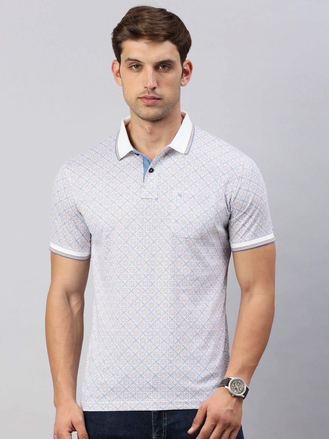 Classic Polo Men's Printed Lt.Blue Cotton Slim Fit Half Sleeve T-Shirt | BELLO - 298 A SF P