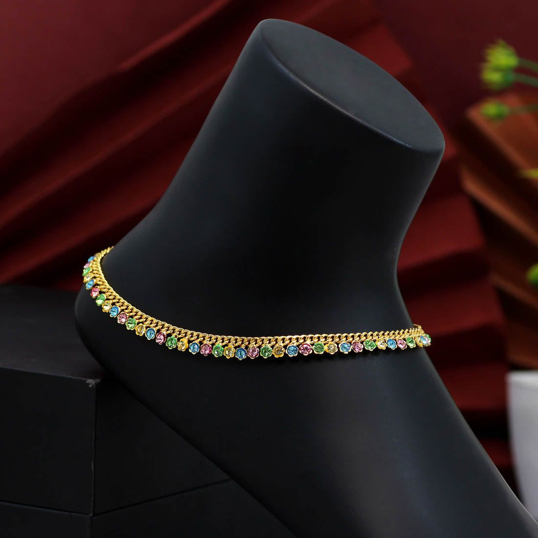 Multi Color Rhinestone Anklets (ANK919MLT)-Length: 26.00 CM x Width: 0.50 CM / Gold / Brass With Good Quality Gold Plated