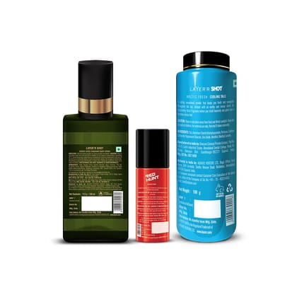Layer'r Shot Fragrant Body Spray For Men- Pack of 3 | Forest Spice (130ml), Cooling Talc (100 g) & Red Hunt Shaving Foam (50ml) | Long-Lasting & Skin-Friendly Premium Fragrance | Perfect For All Occasions | For Men