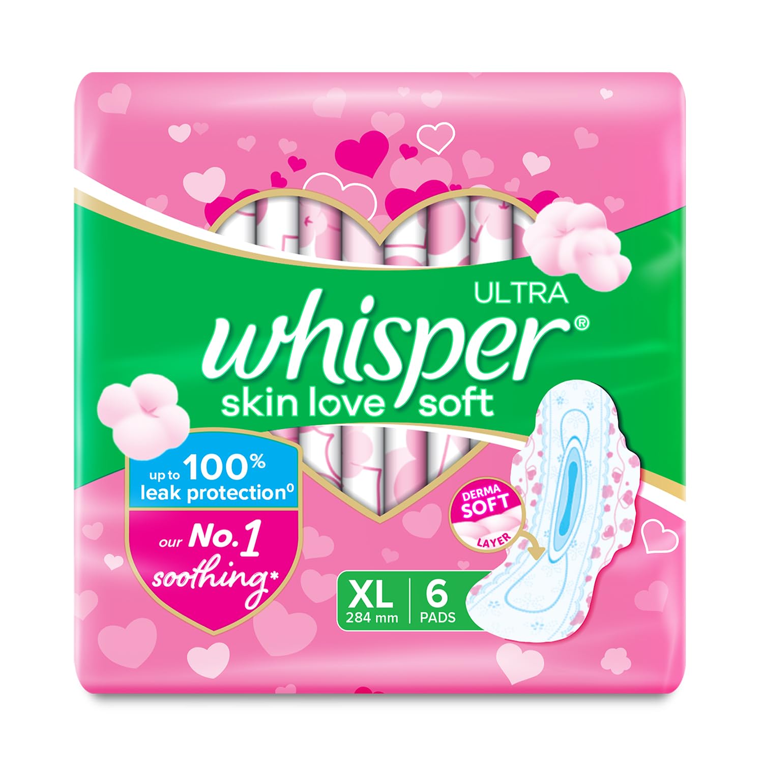 WHISPER ULTRA SKIN LOVE SOFT SANITARY PADS, 6 XL PADS, COTTONY SOFT, OUR #1 SOFTNESS, IRRITATION FREE, FOR INTIMATE SKIN, DISPOSABLE WRAPPER