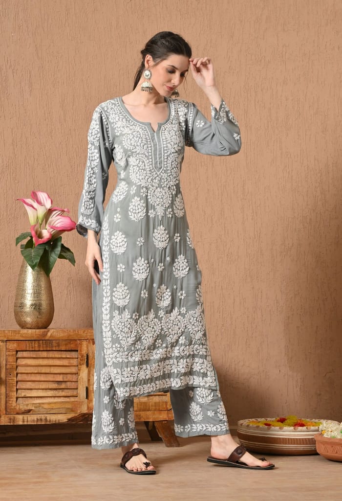 Hand Embroidered Chikankari Modal Plazo Set with 3D Floral Work – Ethnic Wear for Women