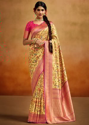 Yellow And Pink Woven Banarasi Silk Saree With Kalamkari Print