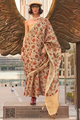 Beige Printed Tissue Saree