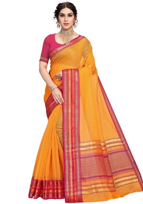 Generic Women's Kota Doria Cotton Bordered Saree With Blouse (Gold, 5-6  Mtr)