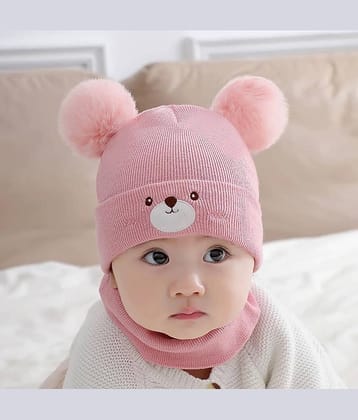 Baby's Woolen Skull Beanie Teddy Cap with Neck Warmer | Knit Woolen Hat Cap Neck Scarf Soft Wool Warm for Boys & Girs (Age: 6 Months to 3 Years)