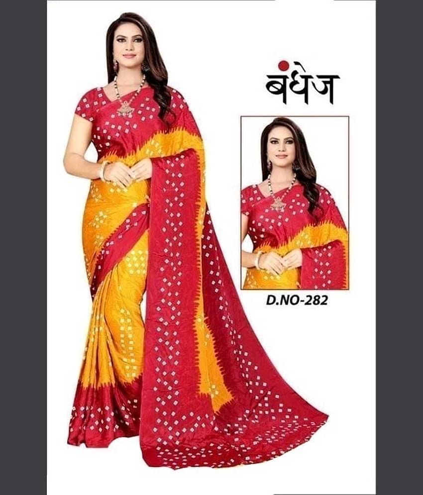 JIHANA FAB Chiffon Printed Saree With Unstitched Blouse Piece ( Yellow )