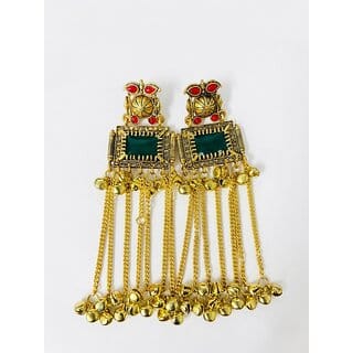 Traditional Kashmiri Jhumka Earrings for Women  Gold-Toned Finish with Green  Red Stones  Tassel Chain with Ghungroo