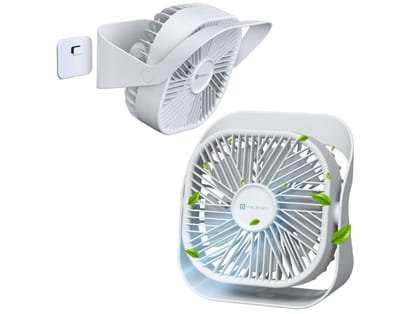 Portronics CoolCube Mini, 2-in-1 Desktop & Wall Fan, 2000mAh Battery, Type-C Charging, 360 Rotate with Pasteable Hook, 3 Speed Modes, BLDC Motor - White