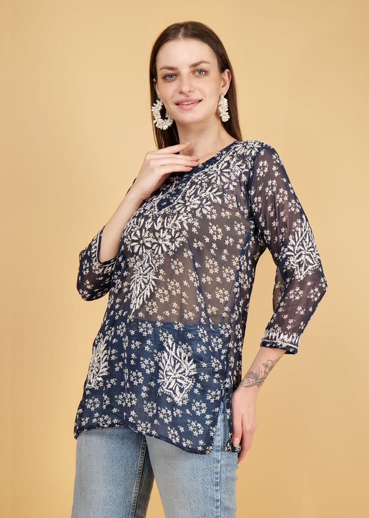 Hand Embroided Lucknow Chikankar Short Straight Georgette Kurta