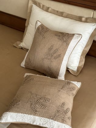 KRI India Bloom Biscotti Wheat Hand Embroidered Cushion cover | Biscotti Brown & Ivory  | 16x16 inches  | Wash & Care | 100% Cotton | Handcrafted in India. 100% organic & natural.