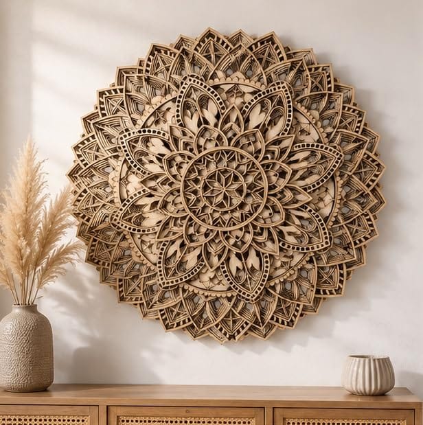 Wooden 3D Flower Design Mandala Wall Decor | Decorative Multi Layered Circle Mandala Wall Art, Living Room Wall