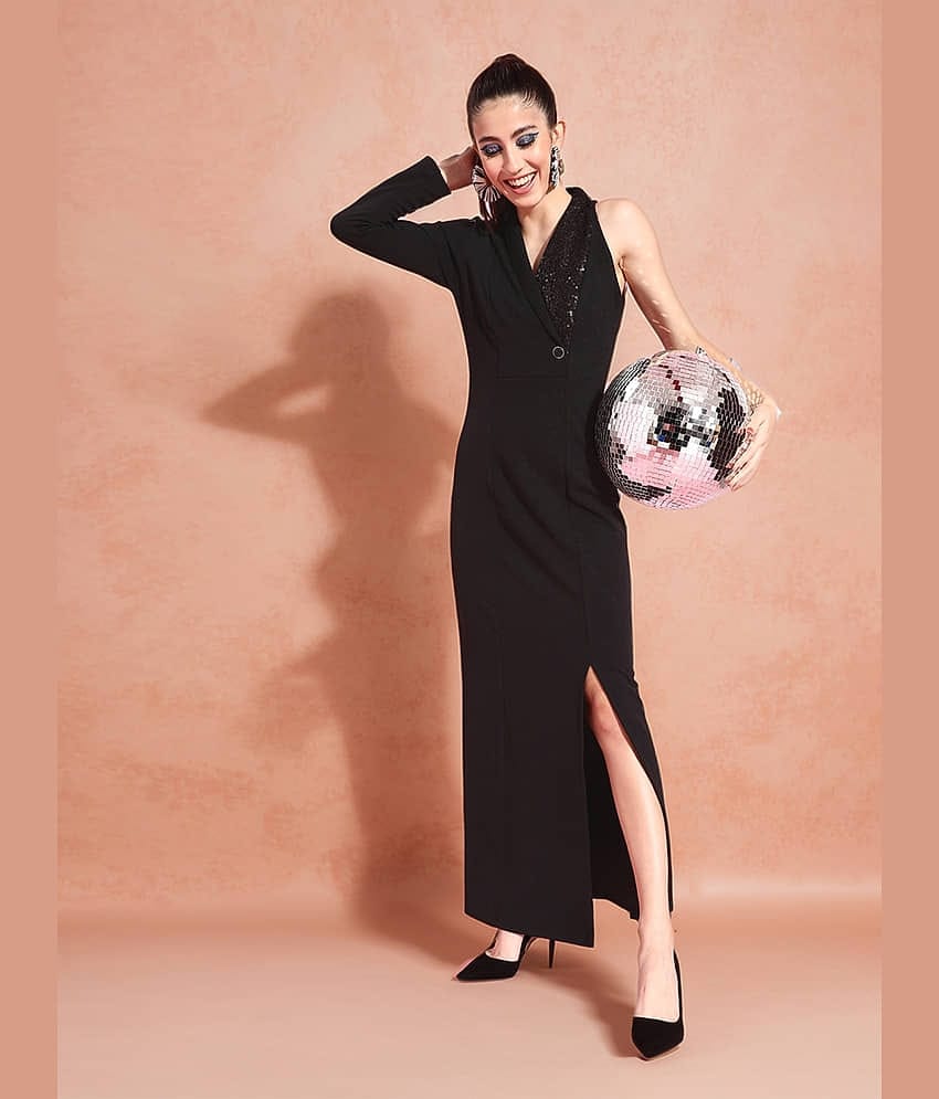 Miss Chase Women Polyester Embellished Asymmetric Dress ( Black )