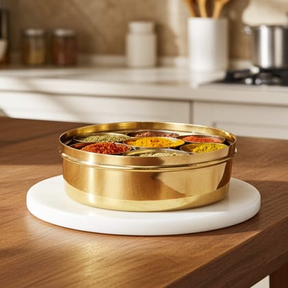 Brass Spice Box, Masala Box Set With Spoon (ZMAS585 A)