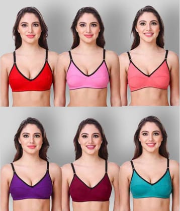 Kiran Enterprises Pack of 6 Cotton Non Padded Women's T-Shirt Bra ( Multicolor )