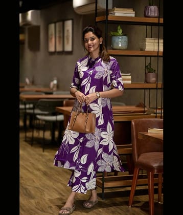 YAGNIK FASHION Women Rayon Printed Straight Kurti With Palazzo ( Purple )