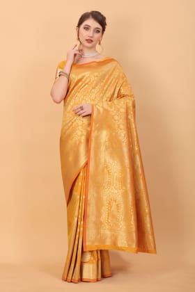 Yavira silk Women's Yellow Handwoven Silk Blend Saree