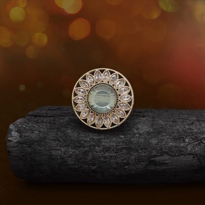 Dreamy Sky Blue Color Kundan Ring For Women-Ring_Size_Adjustable | Diameter Length: 3.00 CM x Width: 3.00 CM / Blue / Alloy With Good Quality Mehndi Gold Plated