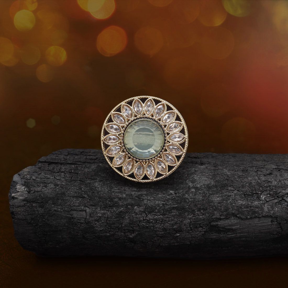 Dreamy Sky Blue Color Kundan Ring For Women-Ring_Size_Adjustable | Diameter Length: 3.00 CM x Width: 3.00 CM / Blue / Alloy With Good Quality Mehndi Gold Plated