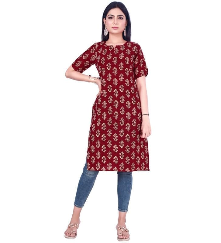 Women's Casual 3/4th Sleeve Printed Cotton Kurti (Maroon, XL)-PID46162