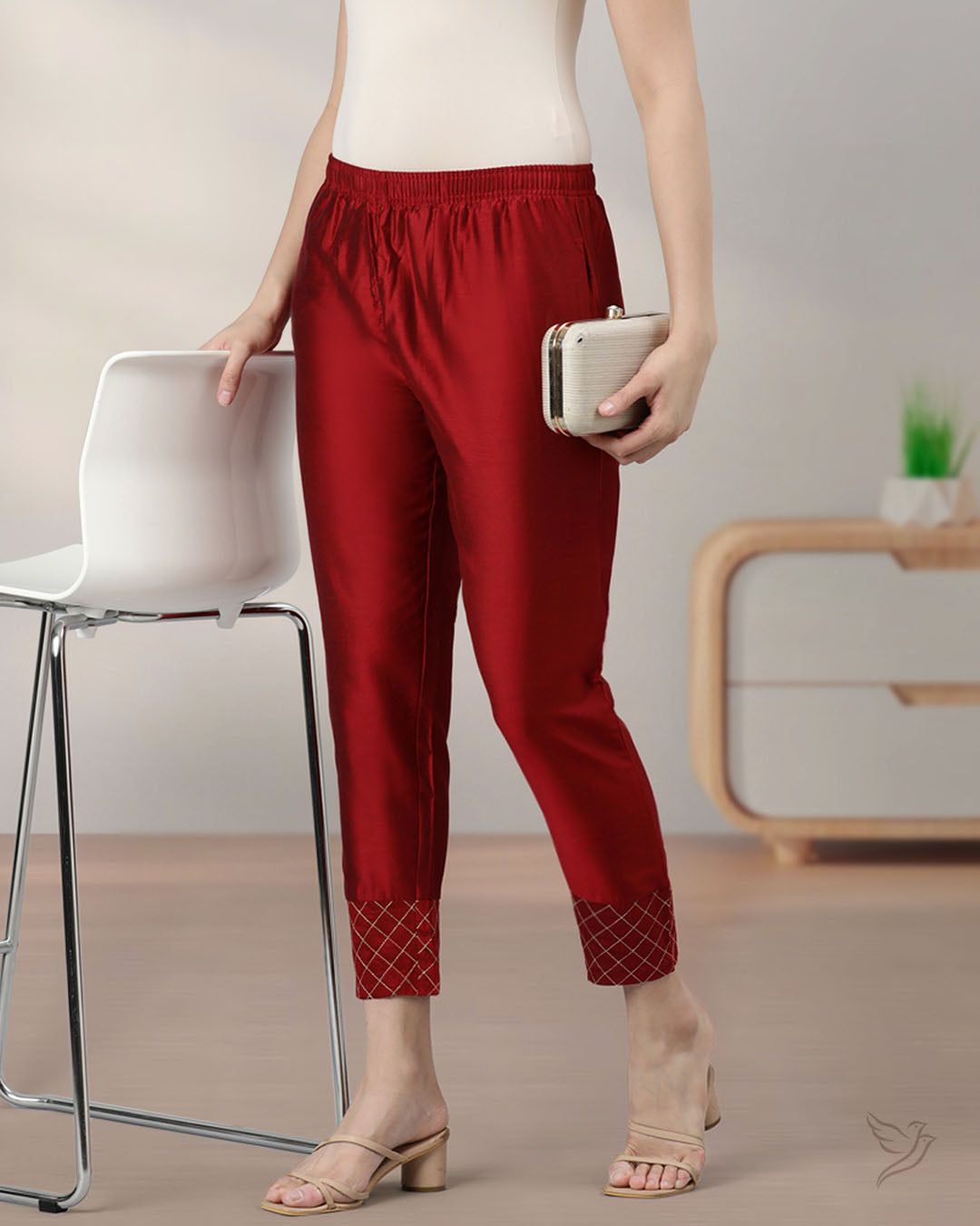 Embroidered Metallic Straight Pant - Plum Berry-S / Plum Berry