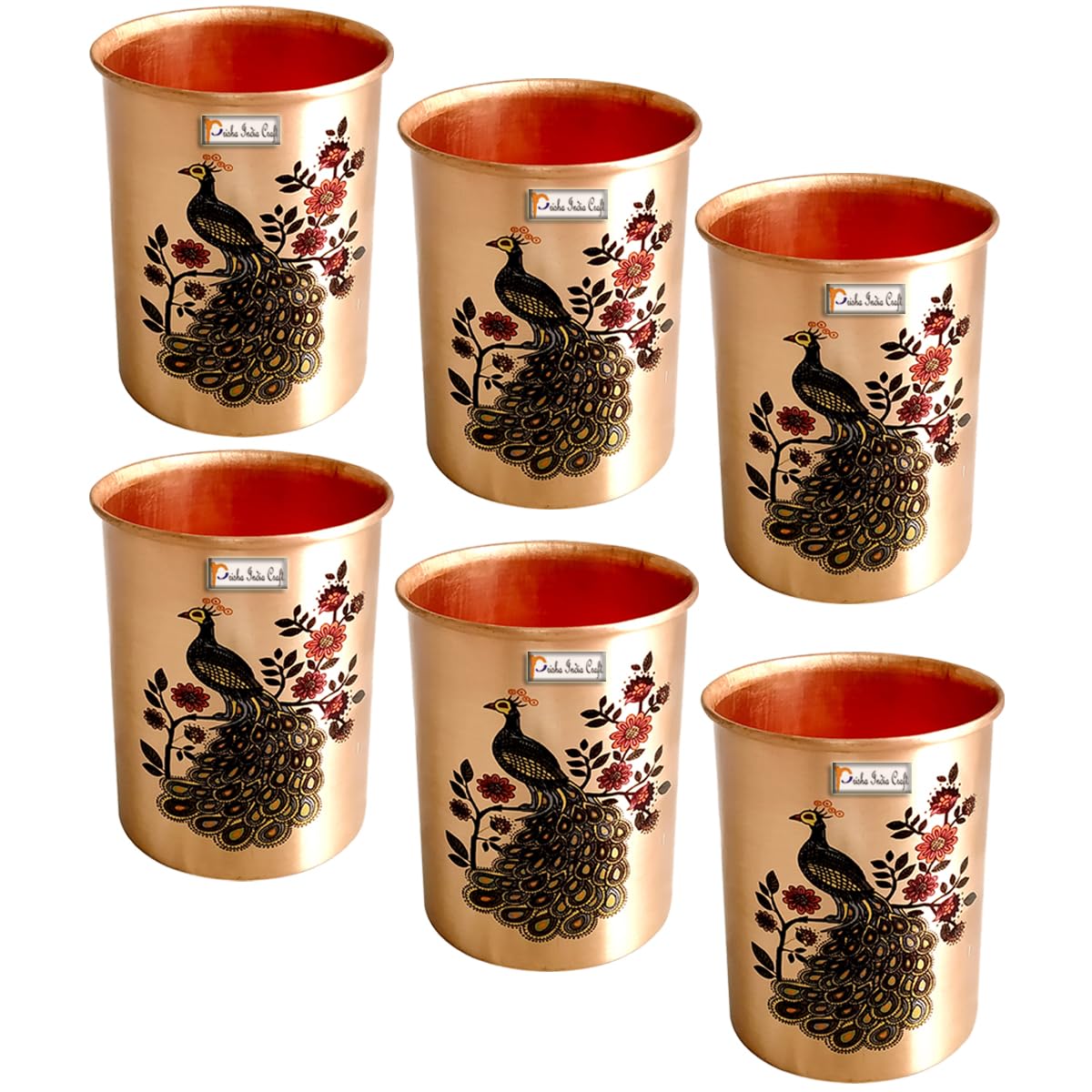 Printed Copper Glass Tumbler 300 ML Peacock Design Pack of 6