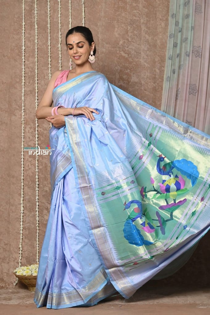 Tyohaar ~ Handloom Pure Silk Paithani Saree with Traditional Peacock Pallu ~ Spruce Blue - Sarees | Buy online on ZillyBuy