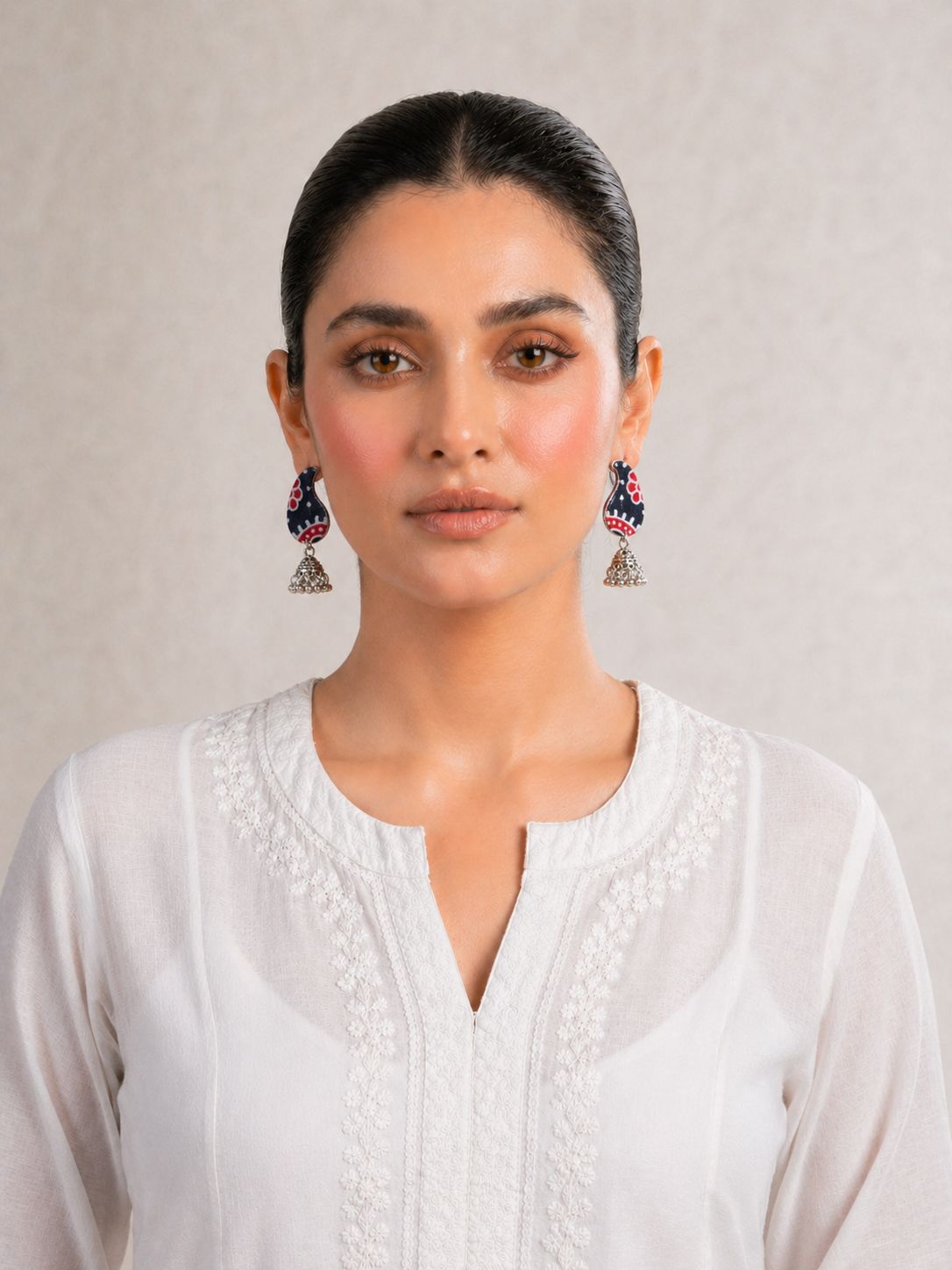 Navy Red Printed Fabric Jhumka Earrings