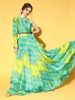Rang Gali Bandhani Print Lehenga Choli Set-S / Green