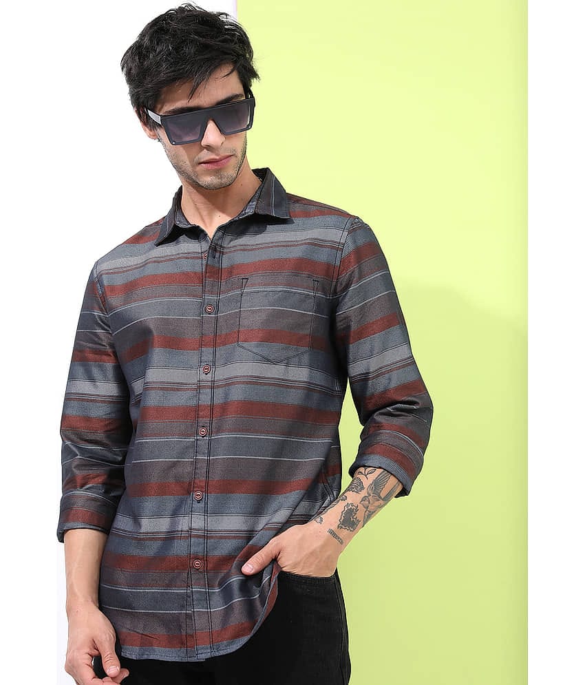 Highlander Cotton Blend Slim Fit Striped Full Sleeves Men's Casual Shirt - Brown ( Pack of 1 )