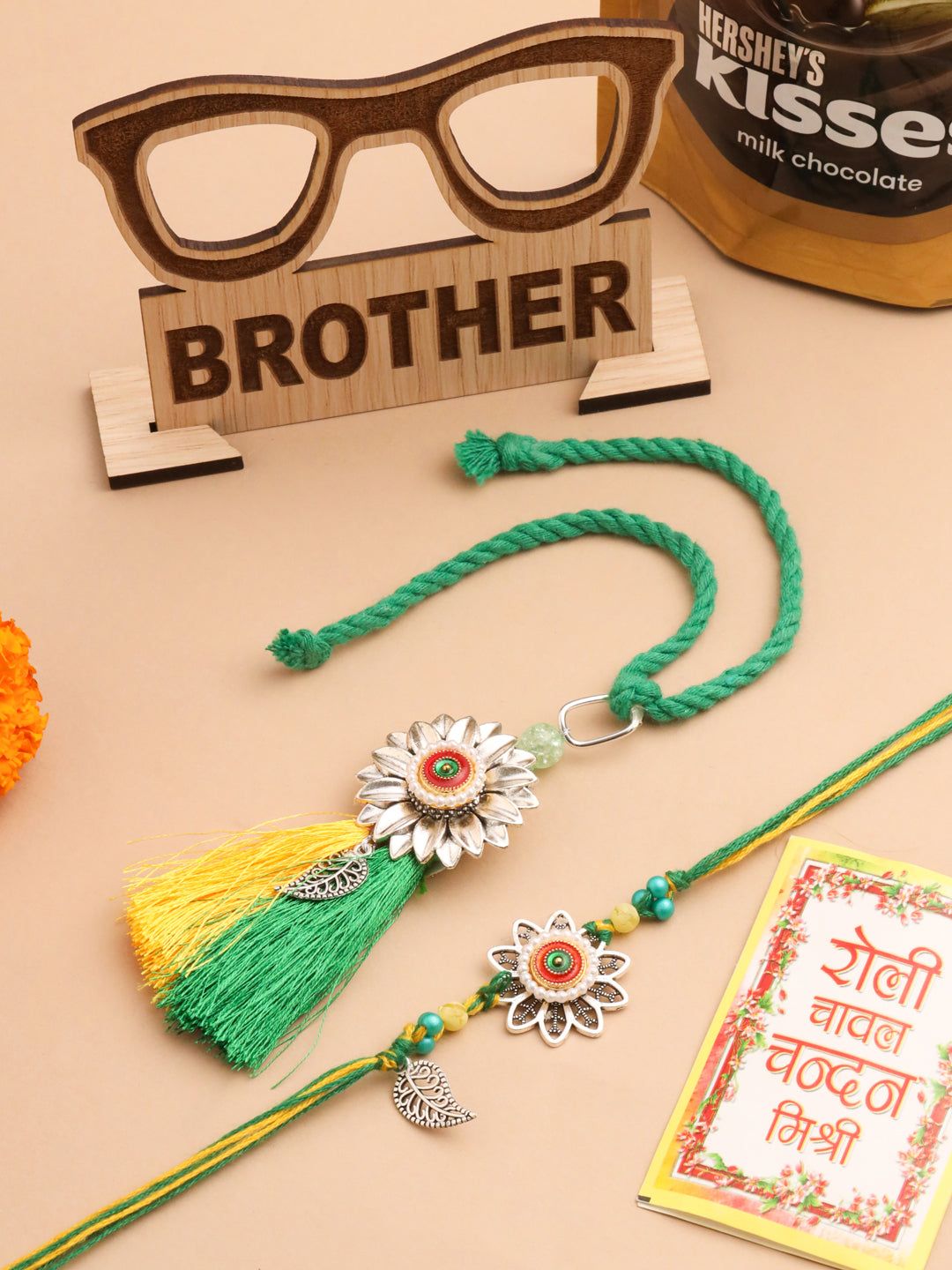 NVR Set of 2 Green Pearls Bhaiya Bhabhi Thread Rakhi, Combo for Rakshabandhan-One Size / Green