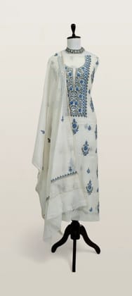 Chikankari Mul Chanderi Dress Material Ivory Royal Blue Chikankari Mul Chanderi Dress Material Ivory Royal Blue