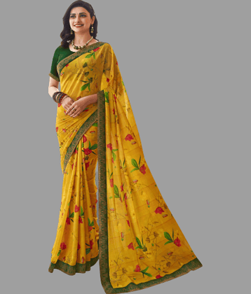 BLEESBURY Chiffon Printed Saree With Unstitched Blouse Piece ( Yellow )