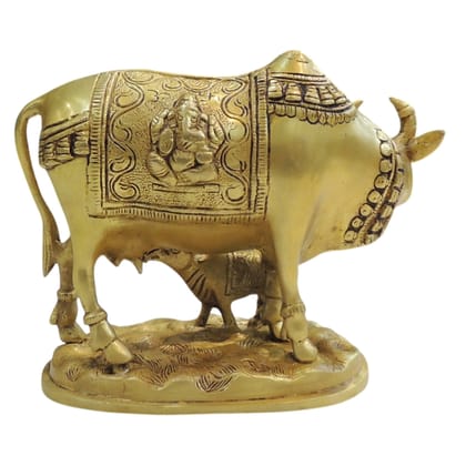 Brass Cow with Calf Showpiece Statue for Home Decor & Vastu, Height : 6.5 Inch (BSMAS1939 C)