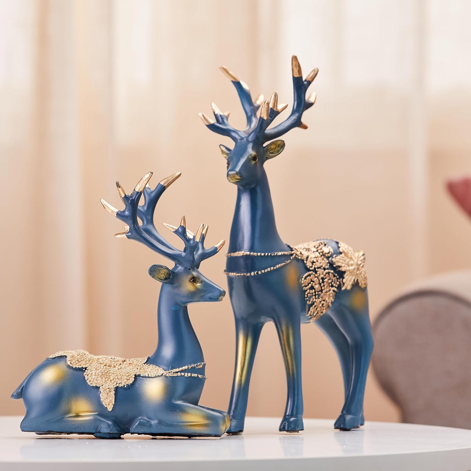 Amazon Basics Creative Resin Golden Reindeer Sculptures | Beautiful Home Decor Handicraft Resin | Elevates Energy of Your Room (Pack of 2, Blue)