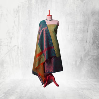 Olive Green & Teal Silk Blend Unstitched Dress Material | Ethnic Motif Weave | Festive Wear Olive Green & Teal Silk Blend Unstitched Dress Material | Ethnic Motif Weave | Festive Wear