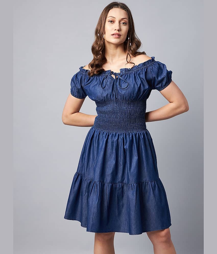 StyleStone Women Denim Solid Fit & Flare Dress ( Blue )