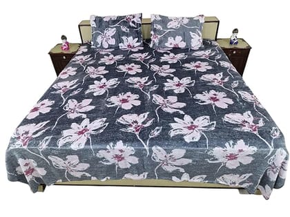 Velvet bedsheet Set with Pillow Covers, Floral Print, Grey and Pink Flower, 229 cm x 254 cm
