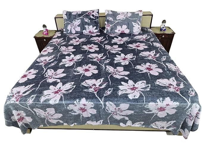 Velvet bedsheet Set with Pillow Covers, Floral Print, Grey and Pink Flower, 229 cm x 254 cm