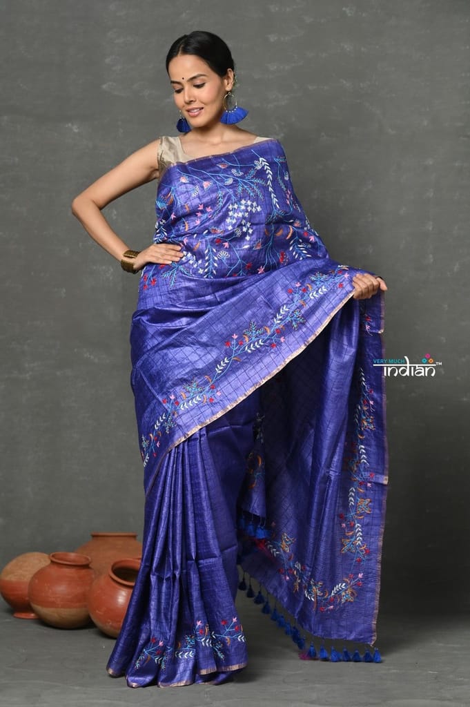 Tyohaar ~ Handloom Tussar Silk with Detailed Hand Embroidery by Khadigram Certified Weavers ~ Taurus Blue - Sarees | Buy online on ZillyBuy