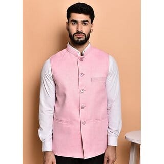 PrintCulture Men Solid Pink Cotton Blend Nehru Jacket
