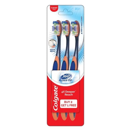 Colgate Toothbrush - 360 Degree Flosstip, Medium Bristles, 2 pcs Buy 2 Get 1 Free